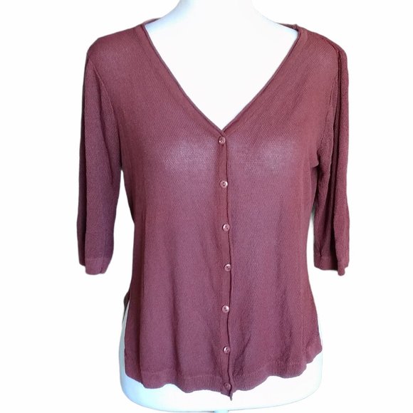 Reddish-brown stretchy V-neck lightweight button up cardigan size M - Picture 1 of 3